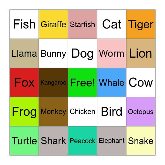 Animal Bingo Card