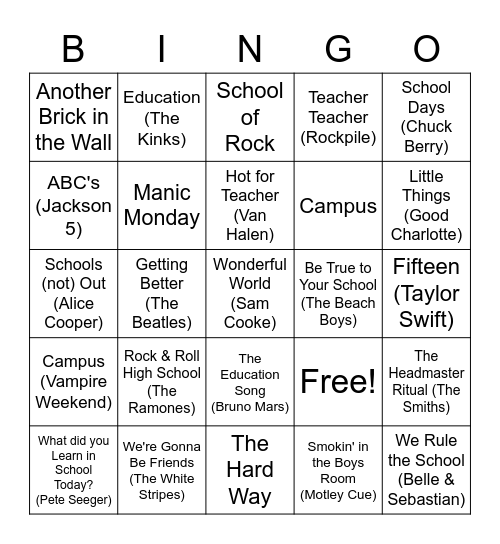BACK TO SCHOOL SONGS Bingo Card