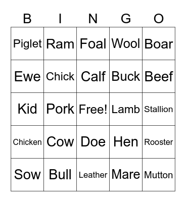 Farm Animal Bingo Card