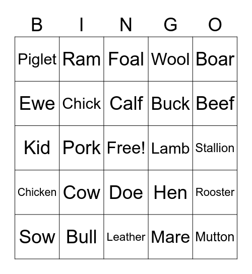 Farm Animal Bingo Card