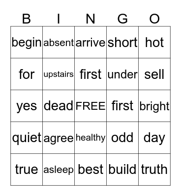 Antonym Bingo Card