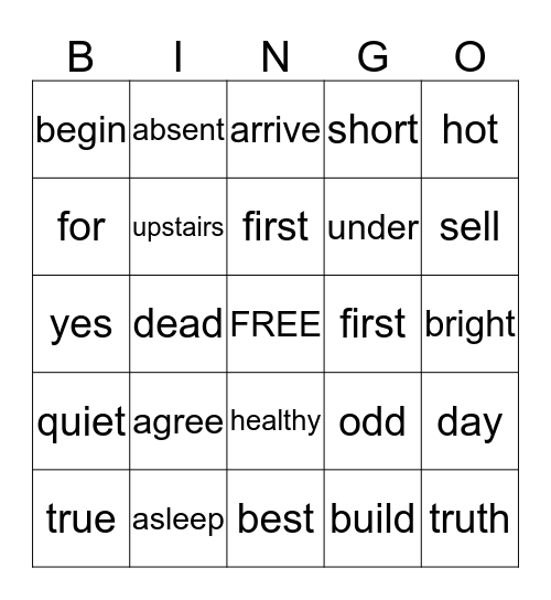 Antonym Bingo Card