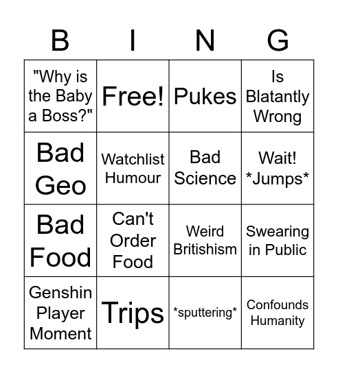 insack Bingo Card