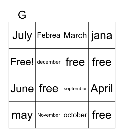 Month of the year Bingo Card