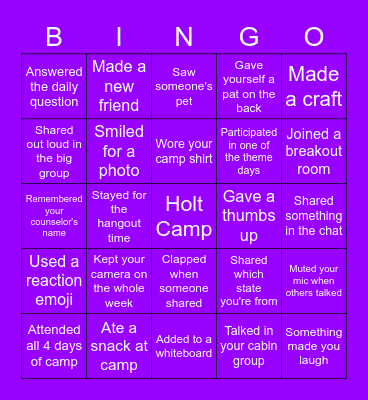 Holt Camp at Home Bingo Card