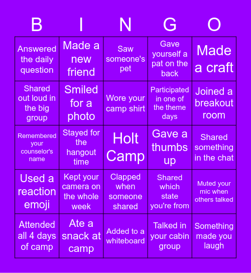 Holt Camp at Home Bingo Card