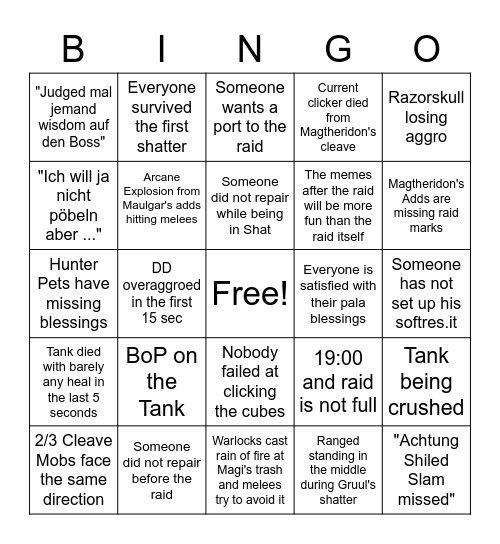 Tyrolean Raiders Bingo Card
