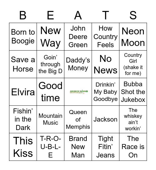 JukeBox Bingo Country Bingo Card