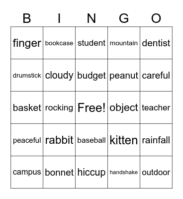 Two-Syllable Bingo Card