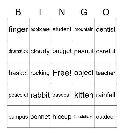 Two-Syllable Bingo Card