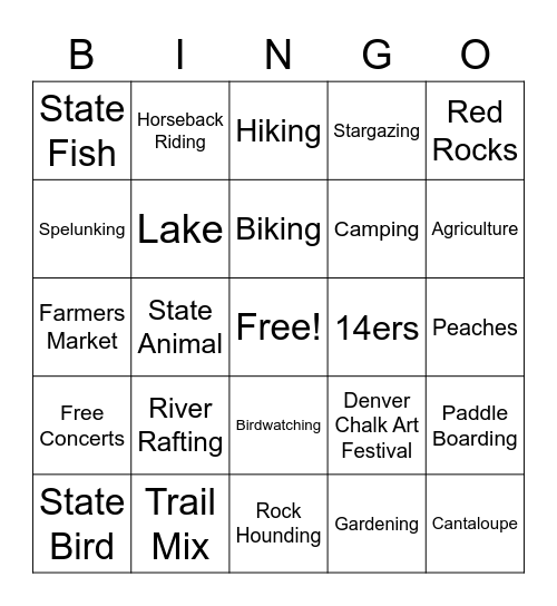 Colorado Summer Bingo Card