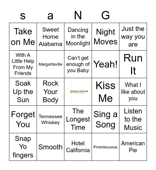 Jukebox Bingo Sang A Long Bingo Card