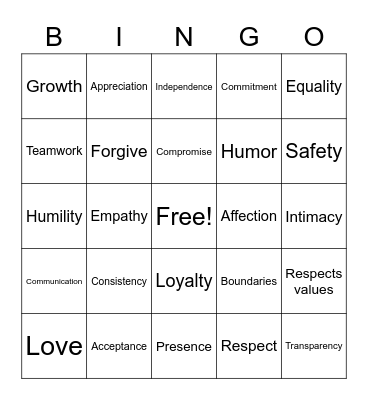 Healthy Relationships Bingo Card