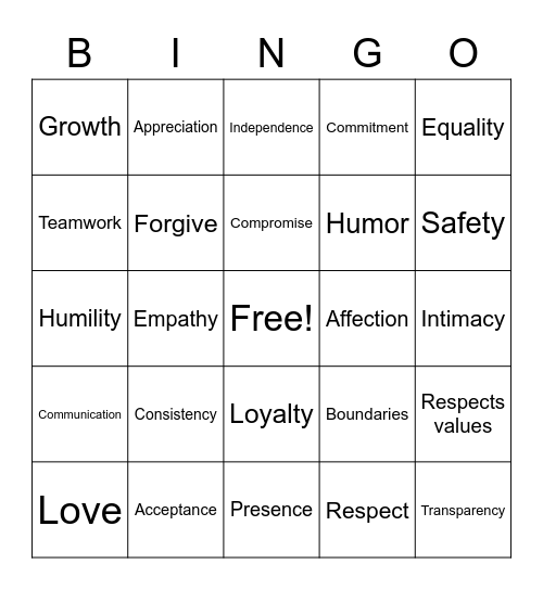 Healthy Relationships Bingo Card