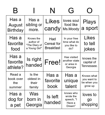 GET TO KNOW YOU BINGO Card
