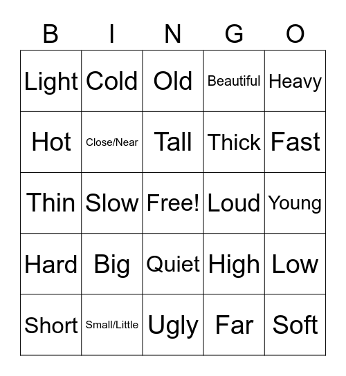 Opposites Bingo Card