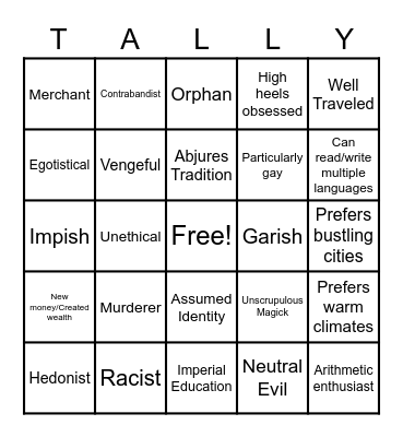 Tallywally Bingo Card