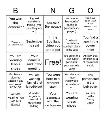 September Bingo Card