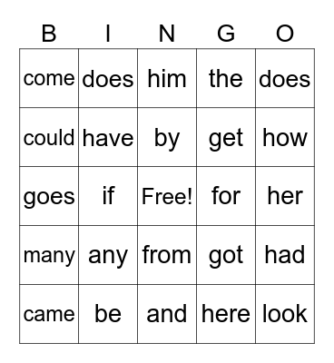 Sight Words Bingo Card