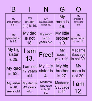 Avoir and Age - English squares Bingo Card