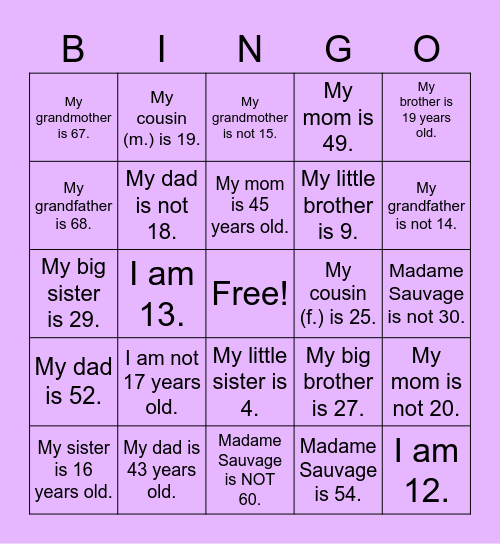 Avoir and Age - English squares Bingo Card