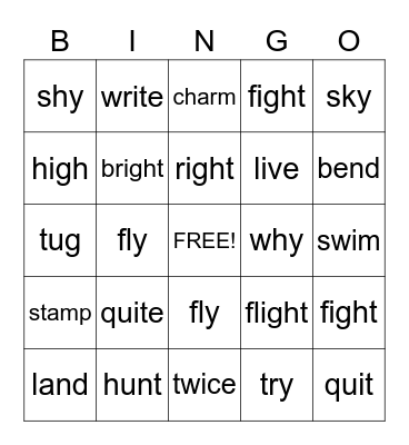 Short I, Long I, IGH Words, and Y sound like I Words Bingo Card