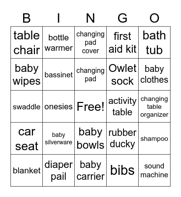 Baby Shower Gifts Bingo Card