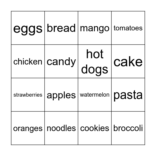 Food Bingo Card