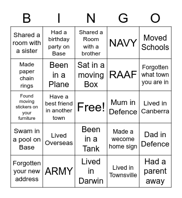 Defence Kids Bingo Card