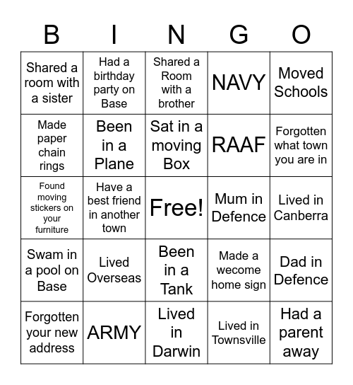 Defence Kids Bingo Card