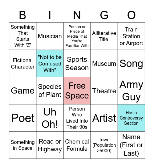 Wikipedia Bingo Card
