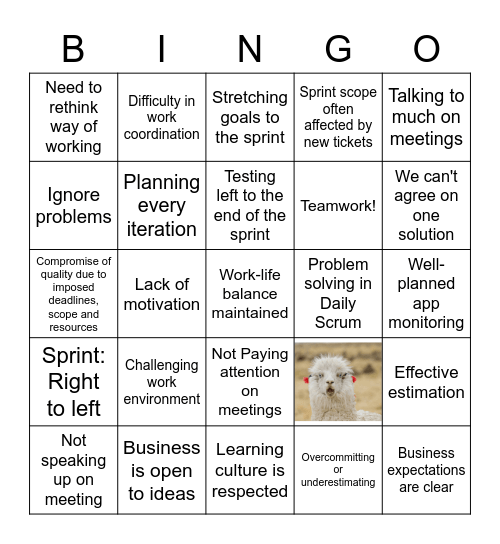 Alpacas Retrospective Bingo Card