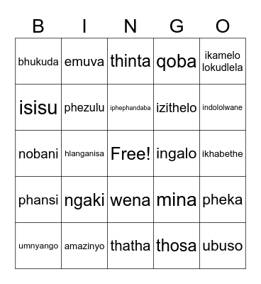 IsiZulu vocabulary Bingo Card