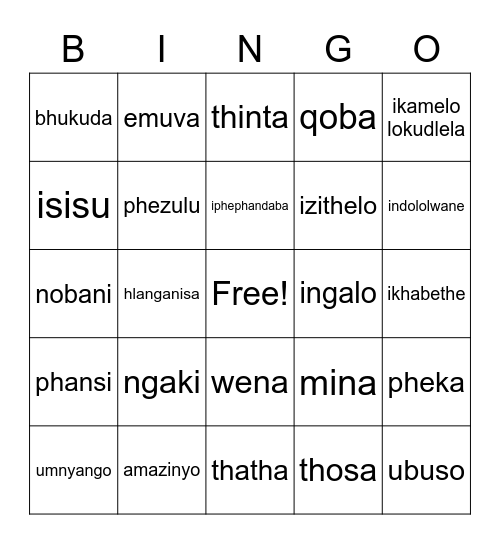 IsiZulu vocabulary Bingo Card