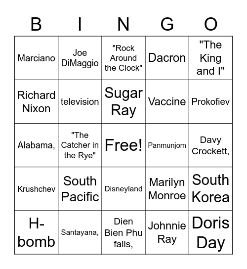 We Didn't Start the Fire Bingo Card