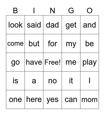 Sight Words Bingo Card