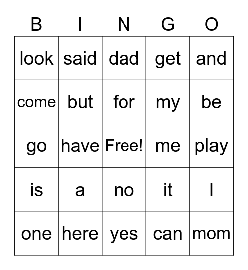 Sight Words Bingo Card