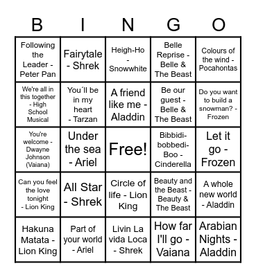 Disney Dancing Bingo Card