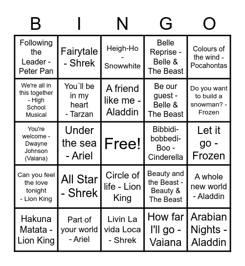 Disney Dancing Bingo Card