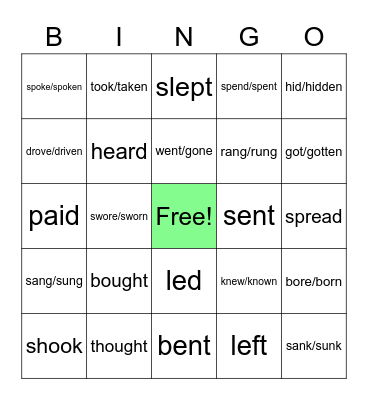 Irregular Verbs Bingo Card