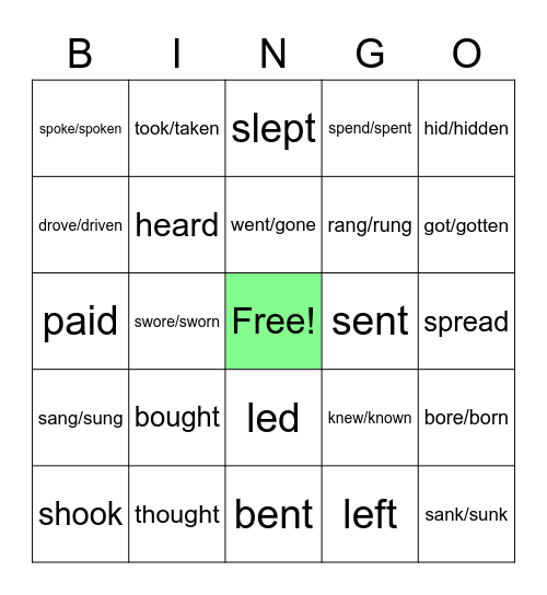 Irregular Verbs Bingo Card