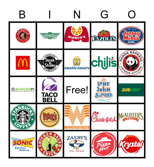 GET YOUR GRUB ON!!!! Listen for clues to these famous spots!!! Contact BINGO BASE as soon as you BINGO. You must have 5 in a row vertically, horizontally, or diagonally. GOOD LUCK!!!! Bingo Card