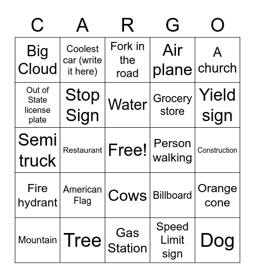 Cargo Bingo Card