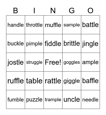 Consonant -le Bingo Card