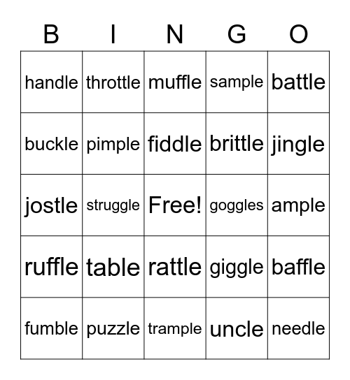 Consonant -le Bingo Card