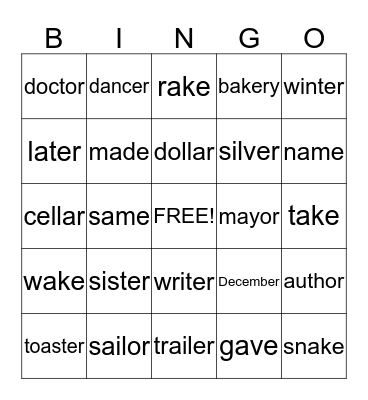 Spelling Bingo Week 11 Bingo Card