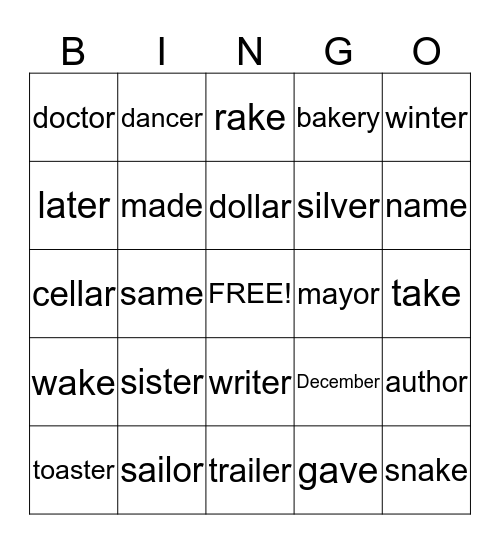 Spelling Bingo Week 11 Bingo Card