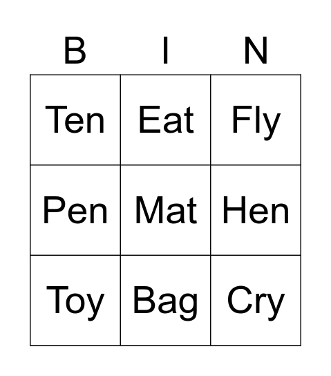 Three letter words Bingo Card