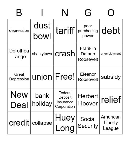 The New Deal and the Great Depression Bingo Card