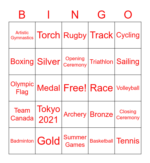 Tokyo 2021 Olympics - Virtual BINGO! Bingo Card